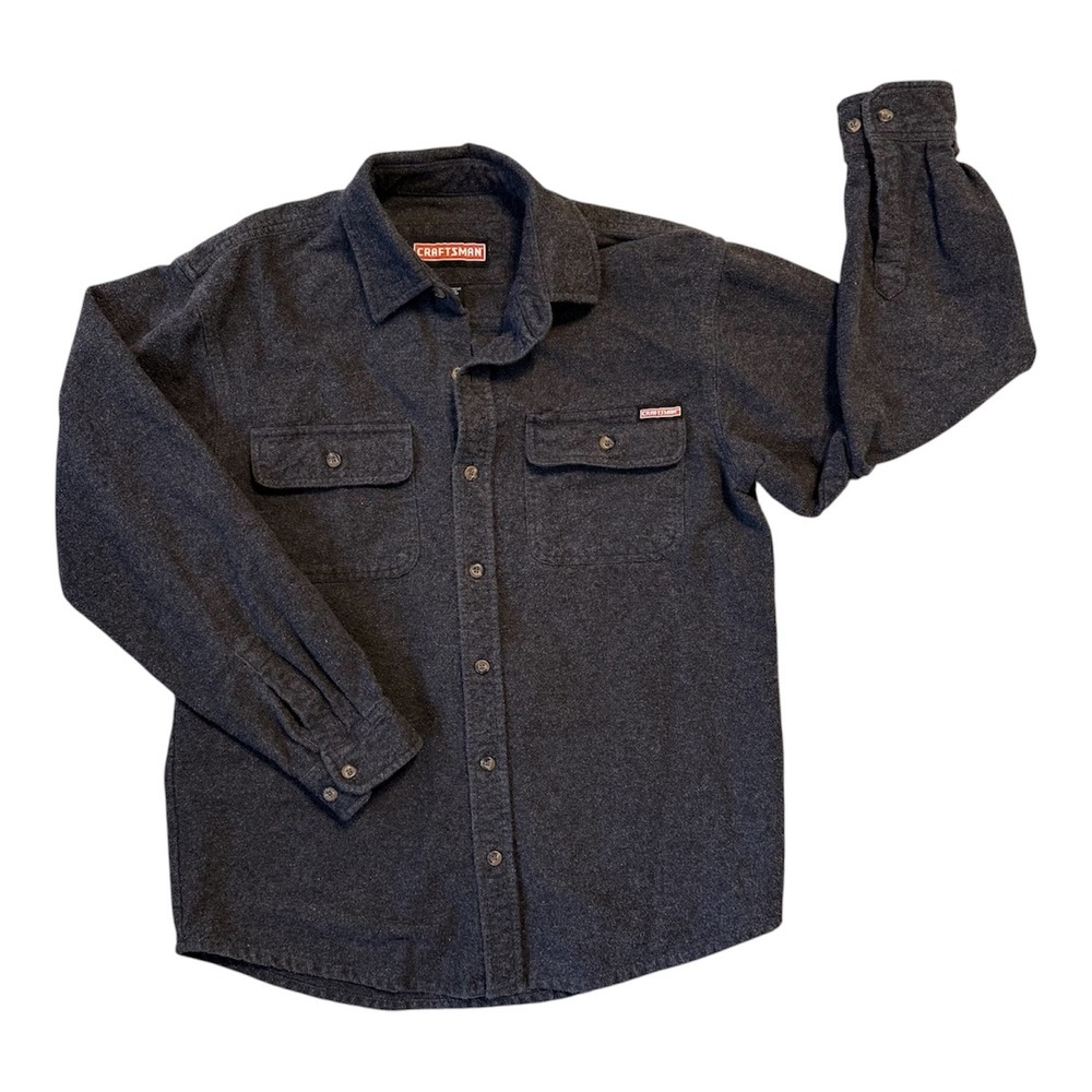 Craftsman Heavy Cotton Flannel Work Shirt Medium Gray Button Front Utility M - Picture 5 of 6